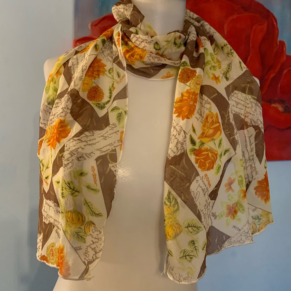Vintage Cejon Silk Scarf with Seed Packets Floral Rectangle Garden